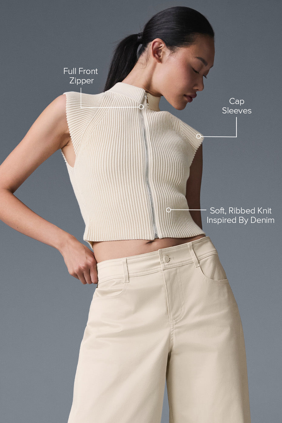 Denim Knit Sleeveless Full Zip Top - Oat Milk/Ivory